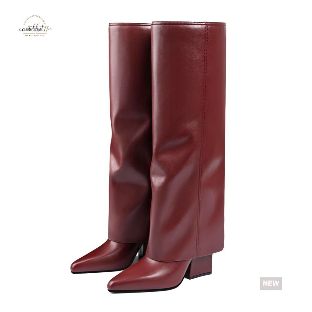 Knee High Fold Over Boots Pointed Toe Block Heel Side Zipper Women's Shoes